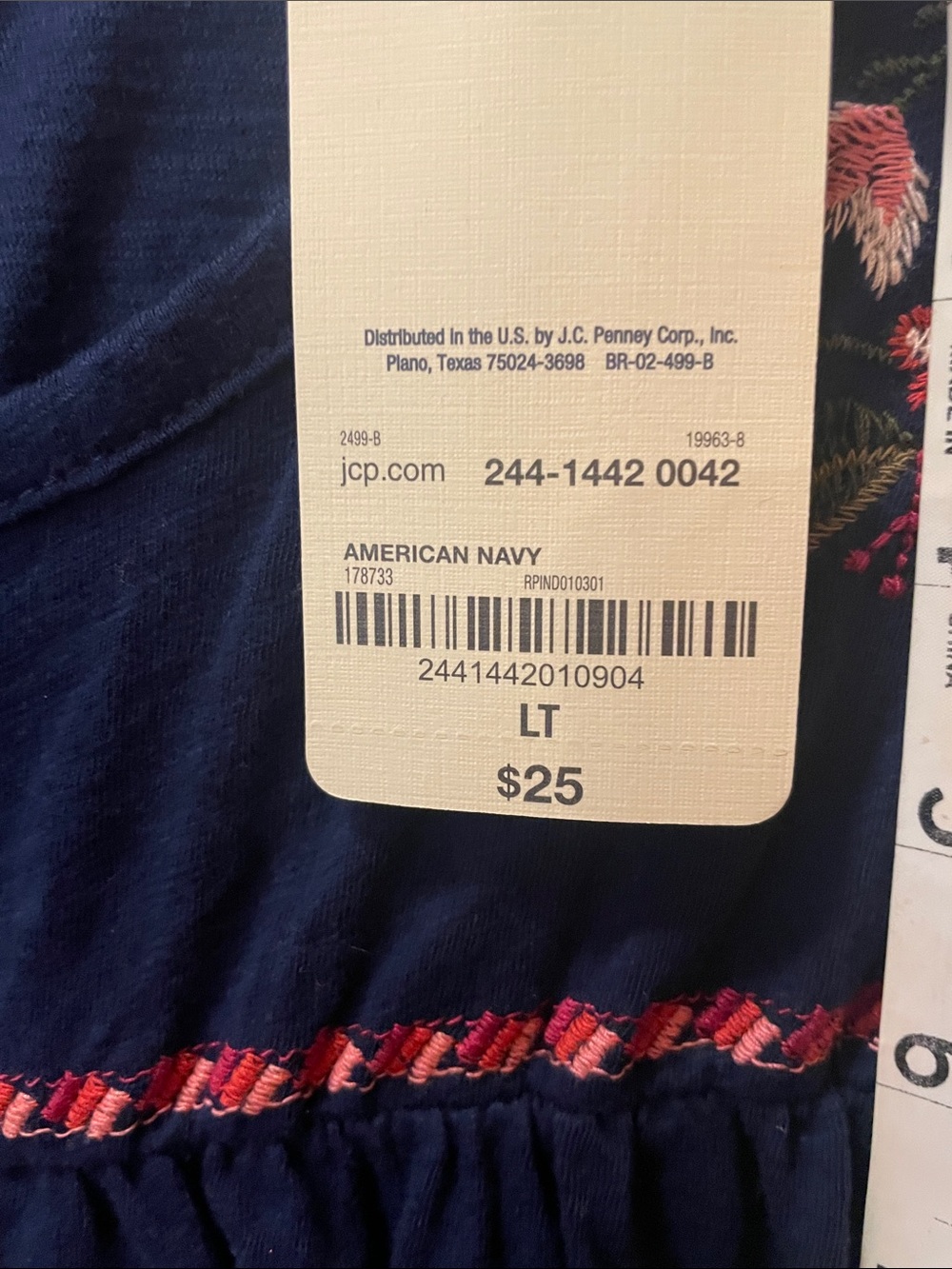 St. John's Bay Navy Tunic with Pink Floral Embroidery - Picture 5 of 7